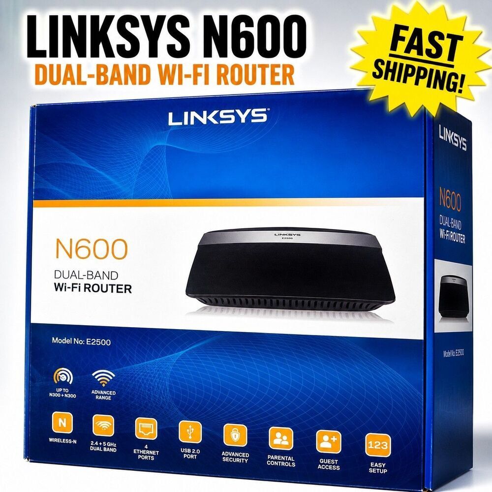 Linksys E2500 N600 Dual Band Wi-Fi Router 300+300 Mbps 4-Port Gigabit Boxed